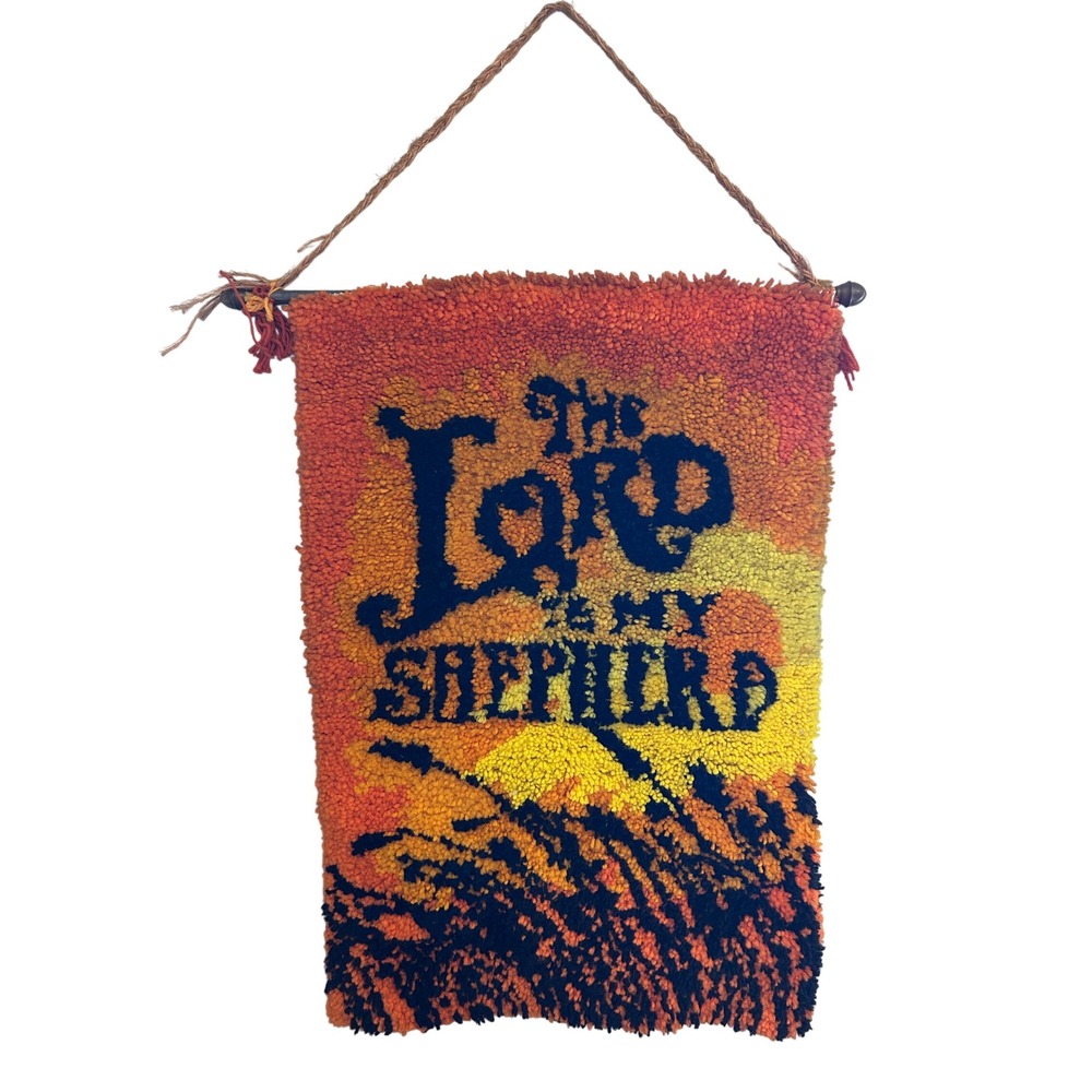 Vintage Latch Hook Wall Hanging The Lord Is My Shepherd‎ Sunset 70s Shag 35x24